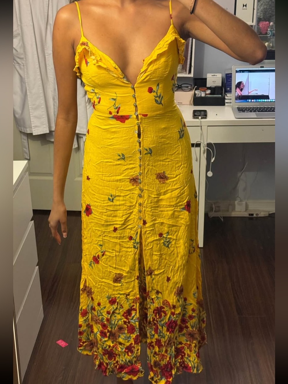 Yellow Floral Red Button-Down Front Slit Maxi Dress Summer Flowy